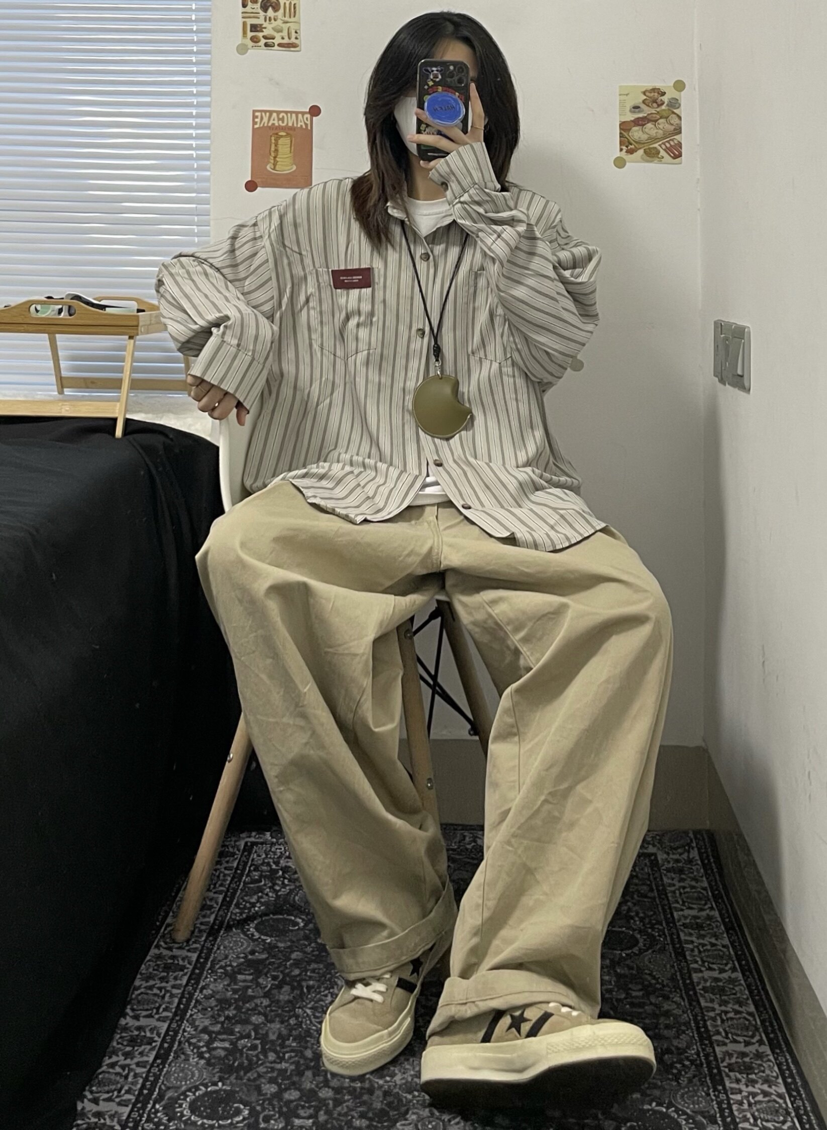HALF H日系竖纹刺绣复古百搭休闲古着长袖衬衫少年感男女情侣宽松