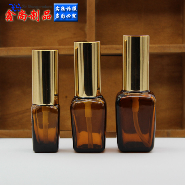 方形茶色精油瓶子 现货棕香水玻璃精华瓶 金喷雾按压分装瓶l