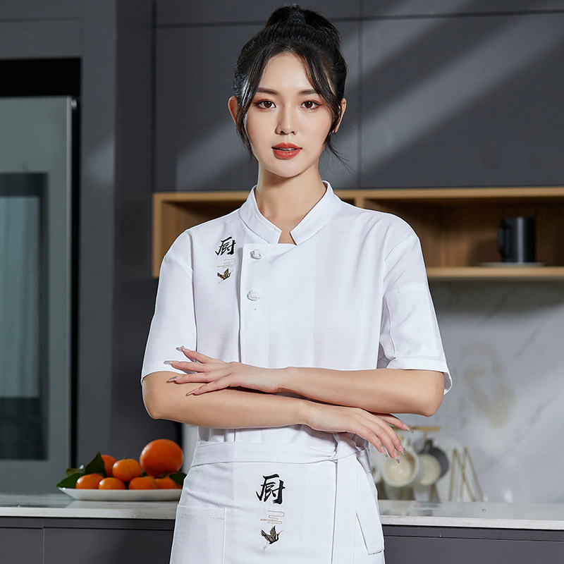 弹力亚麻中式复古厨师服短袖夏季酒店工作制服