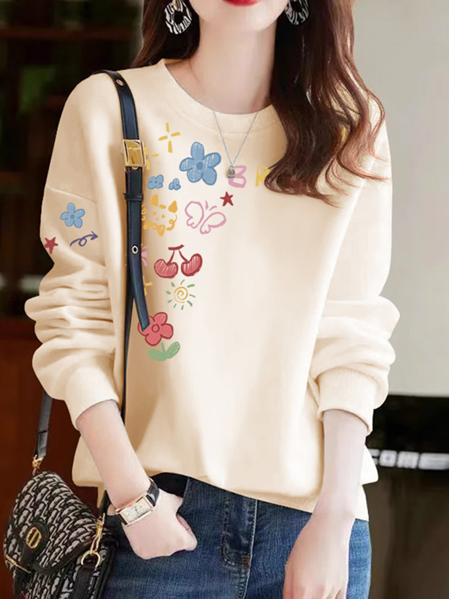 无帽圆领卫衣女装春秋冬季加绒加厚长袖T恤内搭打底衫套头上衣服