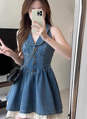 25/ss 千金周末 小jor无袖拼接棉蕾丝边牛仔连衣裙短裙夏