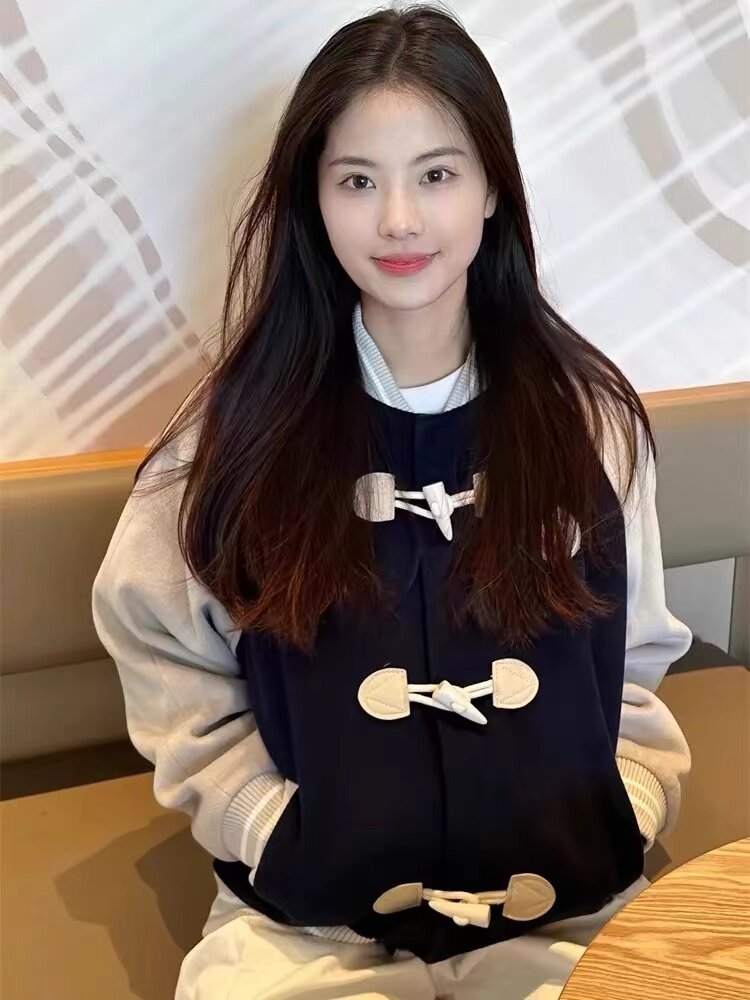美式学院风牛角扣插肩棒球服女春短外套