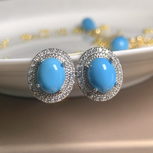 原创美国绿松石满钻高定轻奢耳钉高级百搭高瓷高蓝松石耳钉饰品女