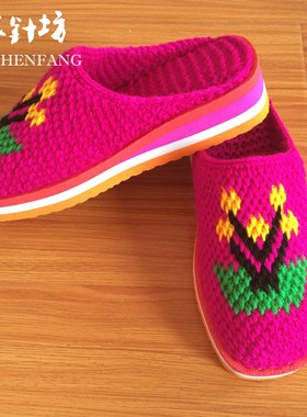 秋冬季女式男士纯手工编织高跟居家保暖防滑婚嫁钩的毛线拖鞋包头