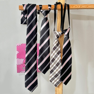 买二送一黑底粉色斜条纹百搭休闲领带女手打学院风短款免打小配饰