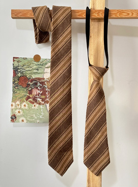 复古做旧三色驼色咖色条纹领带女手打长条棉麻文艺学生百搭痞帅潮