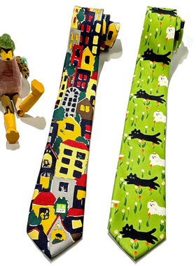 买二送一自创领带女学生手打定位房子趣味个性创意小众鬼马绿色猫