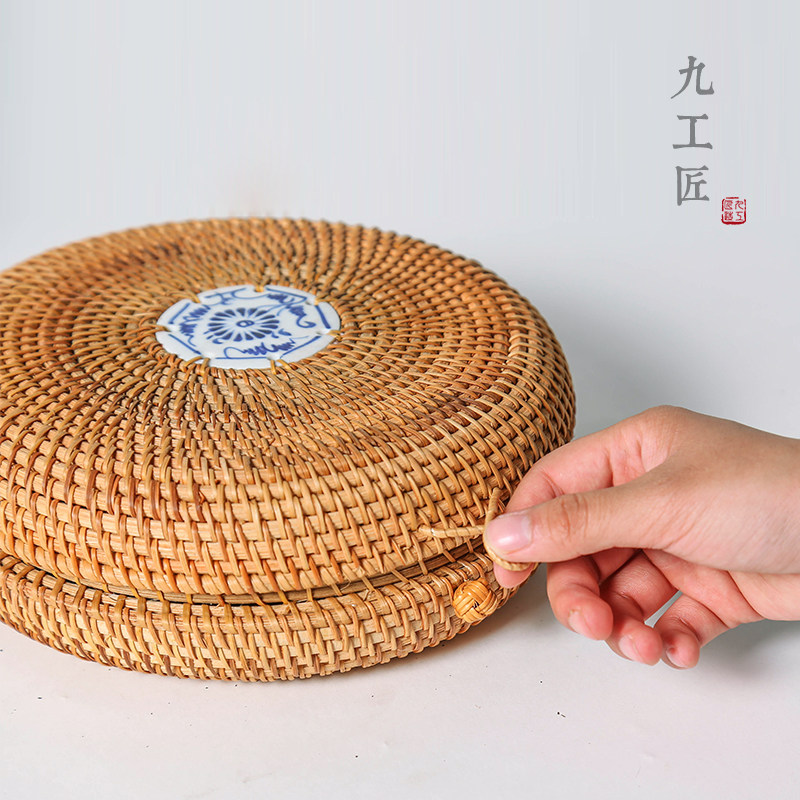 九工匠越南秋藤编七子饼茶饼盒