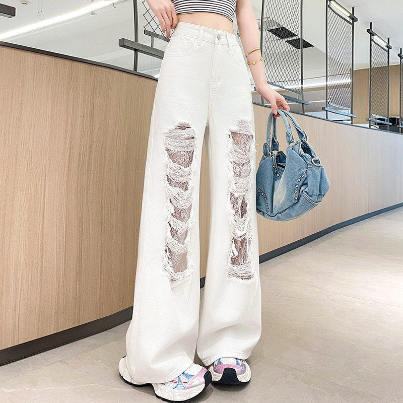 白色大破洞拉丝阔腿牛仔裤女2026夏季薄款毛边流苏蕾丝内衬拖地裤