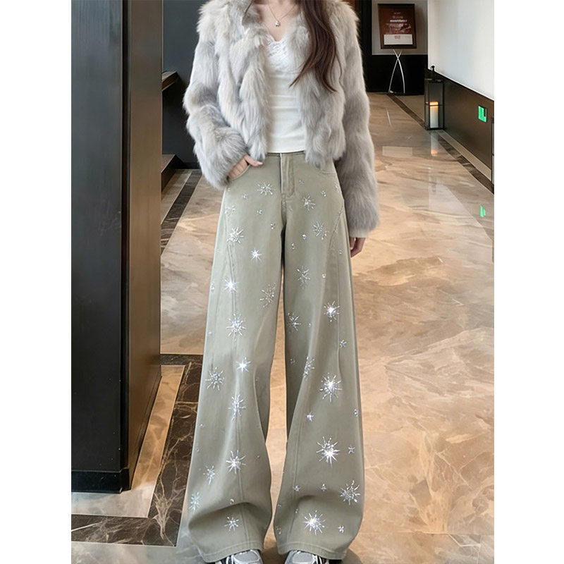 闪耀雪花烫钻弯刀牛仔裤女图片