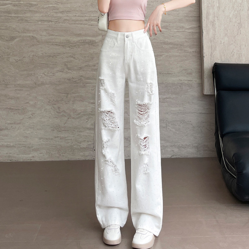 白色破洞烫钻阔腿牛仔裤女图片