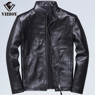 简约大气正宗头层小牛皮夹克外套 真皮皮衣日韩立领修身 男士 潮流款