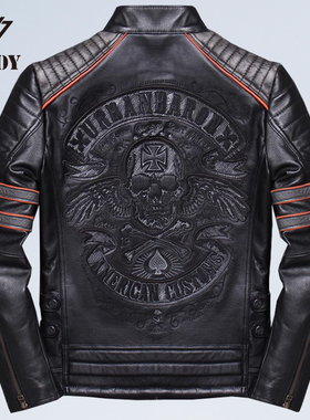 哈雷真皮皮衣男士修身立领机车服头层牛皮夹克骷髅刺绣短款皮外套