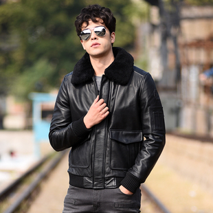 特价 外套厚 飞行服G1真皮皮衣男头层牛皮加棉飞行员毛领皮夹克大码