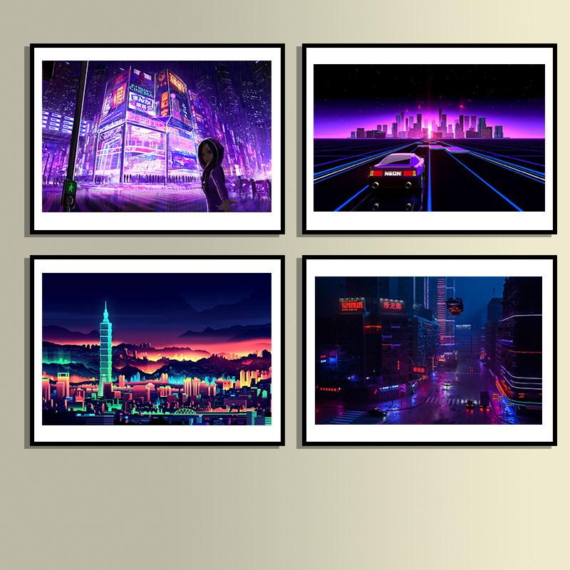 现代ins赛博朋克装饰画 潮艺术日式霓虹灯城市挂画科技未来感壁画