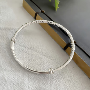 999纯银推拉锤纹手镯女生原创复古风开口情侣款大童手环