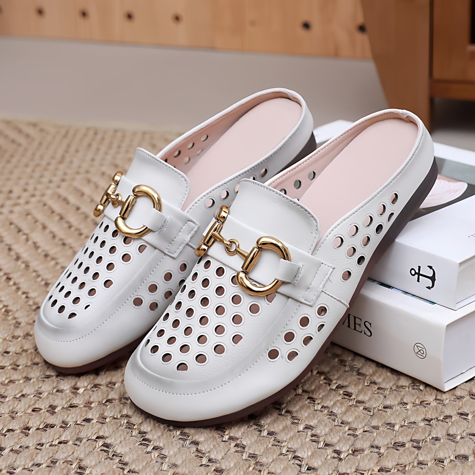 休闲风包头半拖鞋女夏季外穿镂空透气舒适平底洞洞鞋真皮时尚凉鞋,女鞋,洞洞鞋,淘宝优惠券,粉丝福利购,淘宝优惠卷