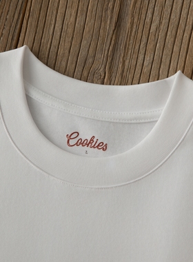 Cookies 300G美式宽松重磅陶瓷磨毛纯棉运动阔版白色圆领T恤男女