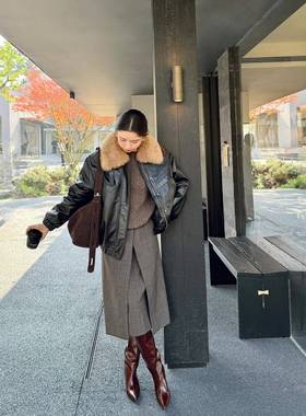 ACN 2025冬季新款法式覆古格纹前开叉半身裙女休闲百搭时髦直筒裙