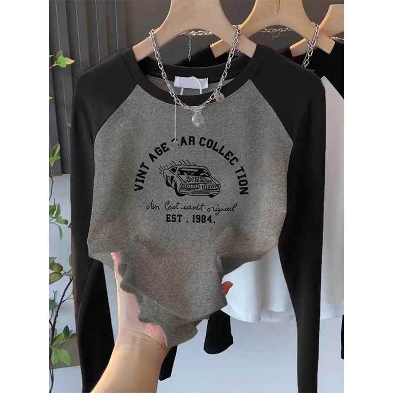 韩国撞色磨毛正肩纯棉圆领长袖t恤女装时尚百搭减龄灰色气质上衣