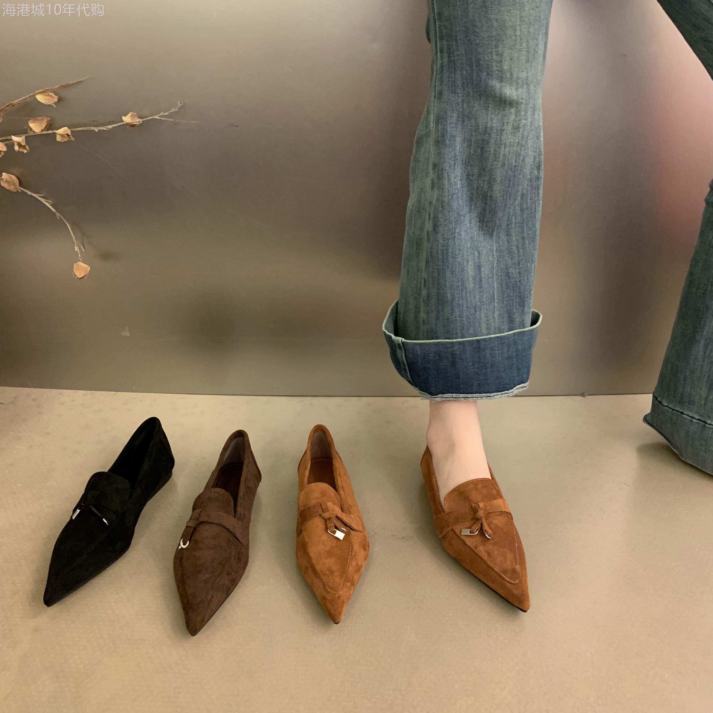香港2026年春季新款复古尖头平底软皮金属扣深口小皮鞋瓢鞋单鞋女