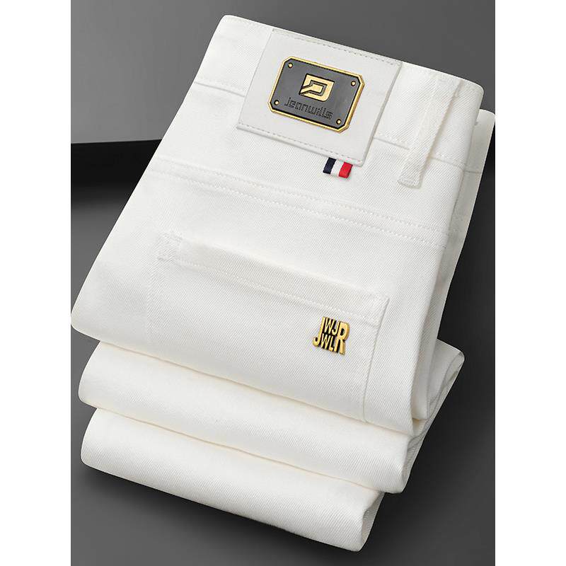 欧洲站高端男士牛仔裤三防白色裤子男修身小脚潮流休闲长裤秋冬款
