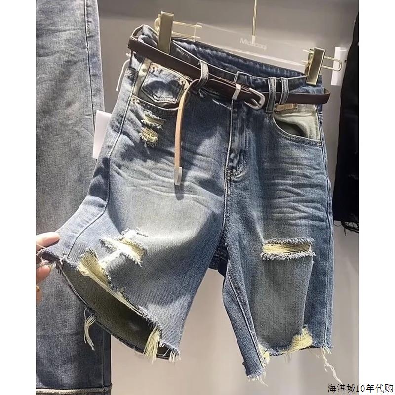 潮牌夏季大码破洞牛仔五分裤女胖妹妹mm撞色高腰a字休闲直筒短裤