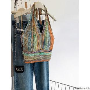 新款 挂颈美背针织小吊带背心女夏季 辣妹抹胸海边穿搭多巴胺上衣潮