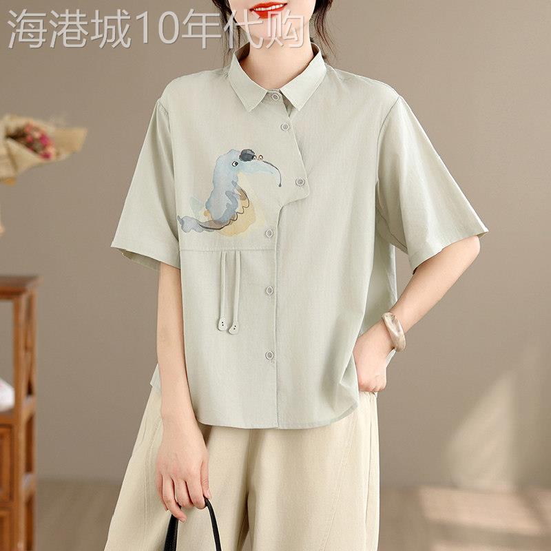 潮牌设计感不规则翻领衬衣女士夏季新款纯棉时尚印花洋气减龄上衣