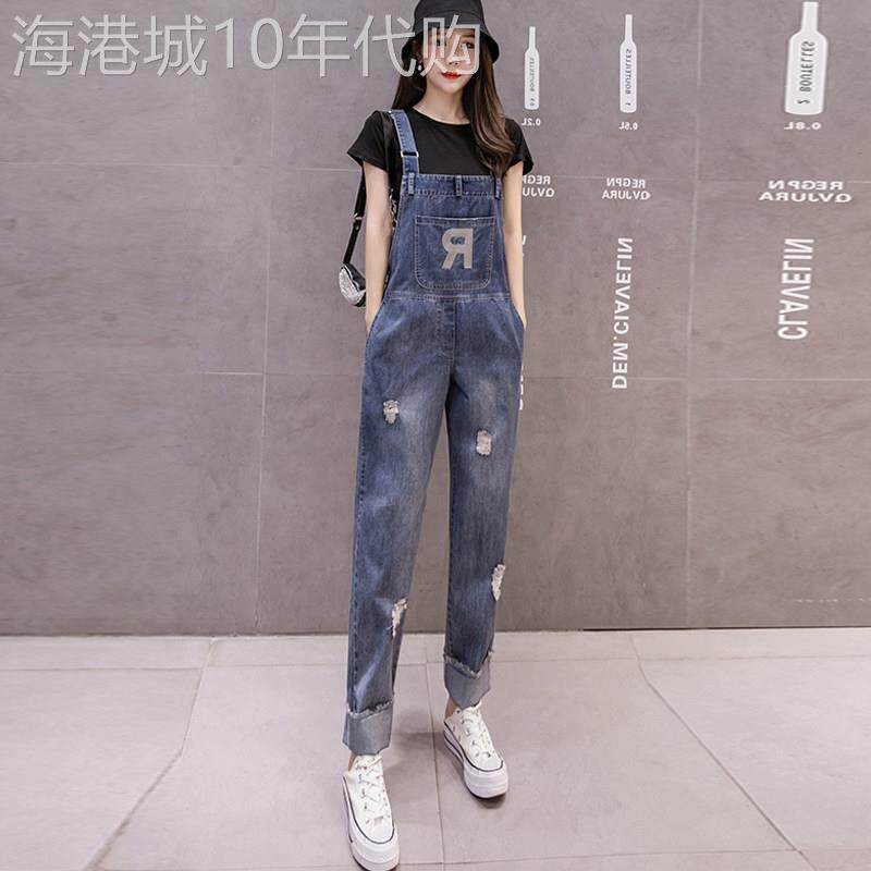 破洞牛仔背带裤女夏季2026年新款高腰减龄裤子洋气直筒吊带连体裤