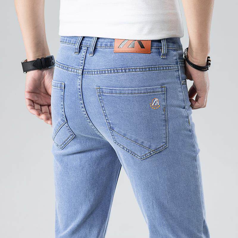 香港高级感浅蓝色牛仔裤男夏季薄款修身直筒弹力冰丝裤子2025新款