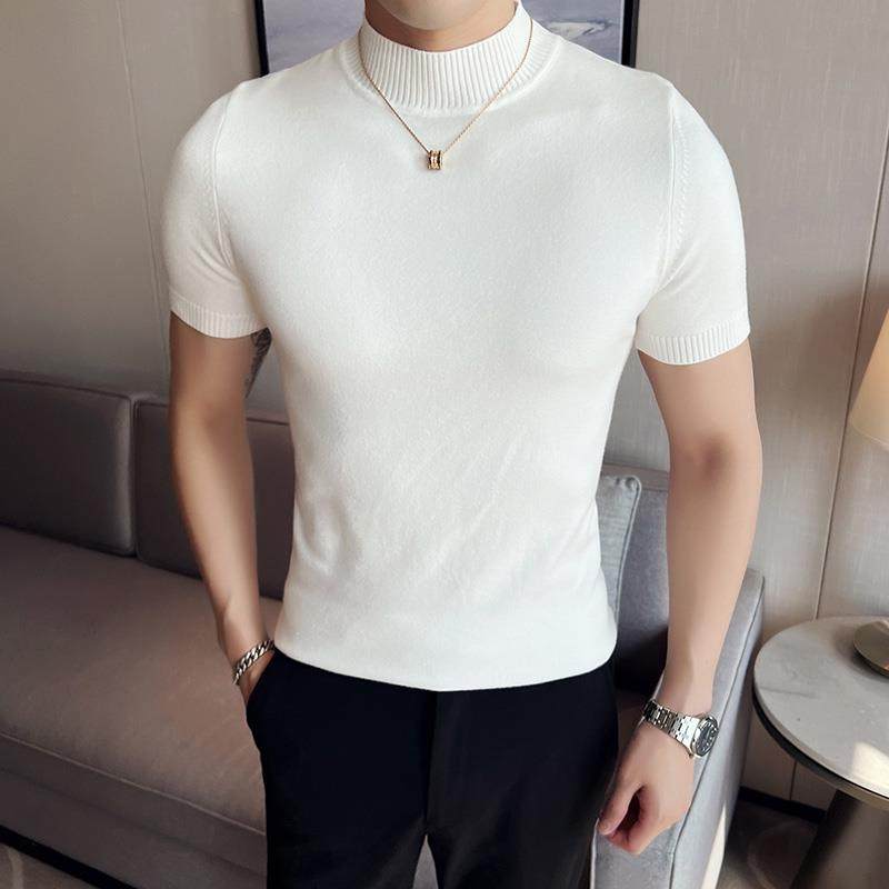 秋冬半高领毛衣男士修身短袖t恤中领男款针织半袖内搭打底衫紧身