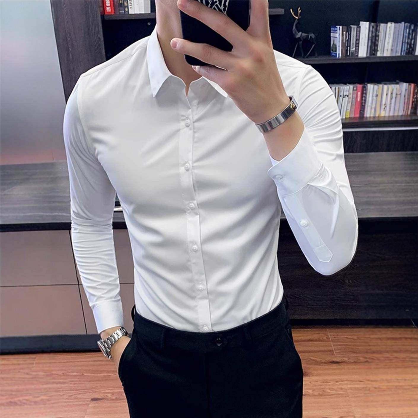 免烫高端白色衬衫男长袖商务休闲正装韩版修身抗皱高级感西装衬衣