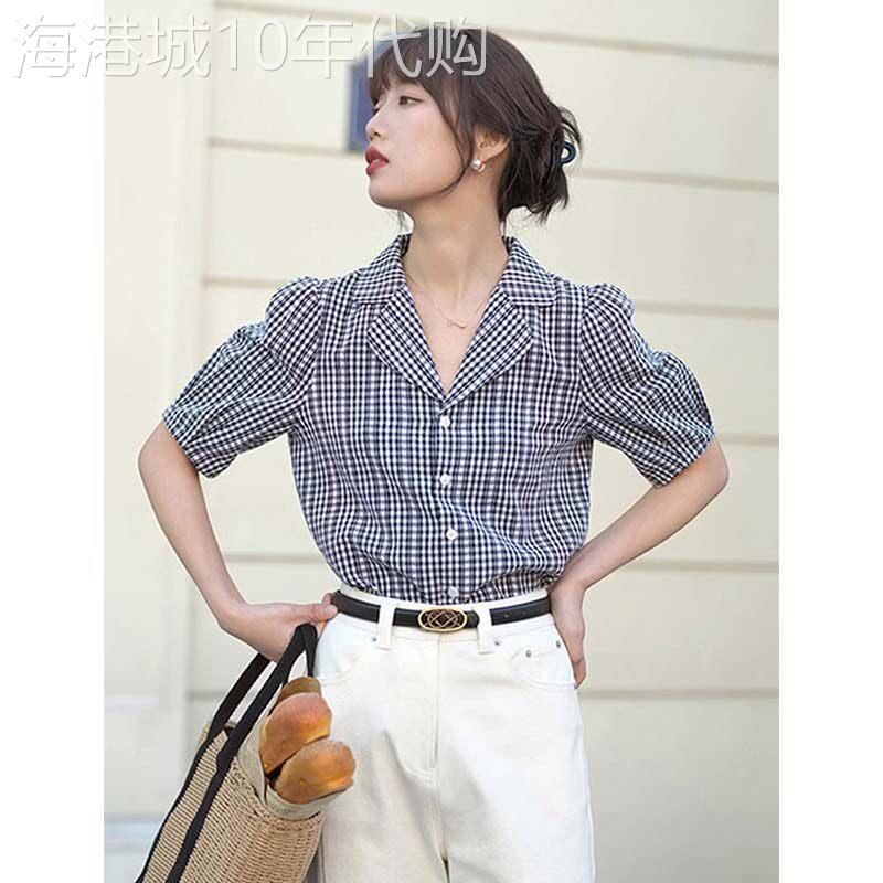 短袖衬衫女2026新款夏季法式西装领高级感轻奢减龄洋派格子上衣女