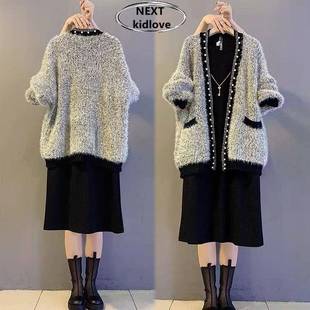 香港春秋冬款大码毛衣开衫外套长裙两件套胖mm显瘦遮肉连衣裙套装