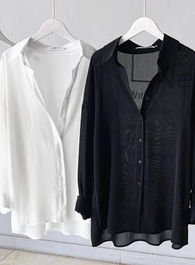 潮牌半透视防晒衬衫肌理感女夏天雪纺垂感遮阳衬衣外搭白色防晒衫