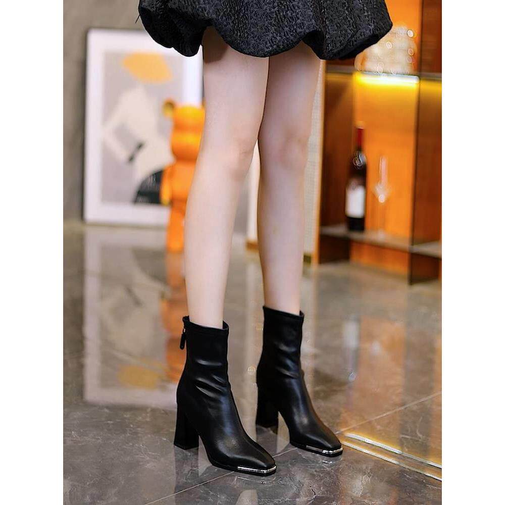 真皮中筒靴女士2025新款秋冬高跟鞋粗跟防水台气质方头瘦瘦短靴子