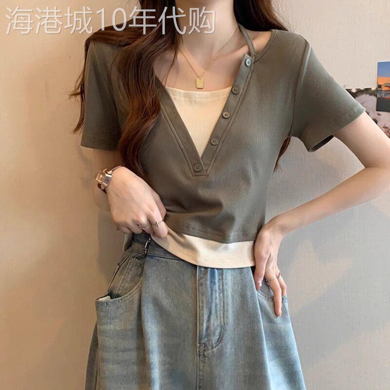 短袖正肩T恤女2026年夏季新款爆款V领假两件时尚洋派短款上衣T恤