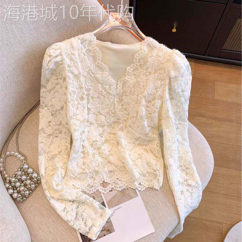 v领蕾丝打底衫女春秋季2025新款内搭时尚洋气小衫短款泡泡袖上衣