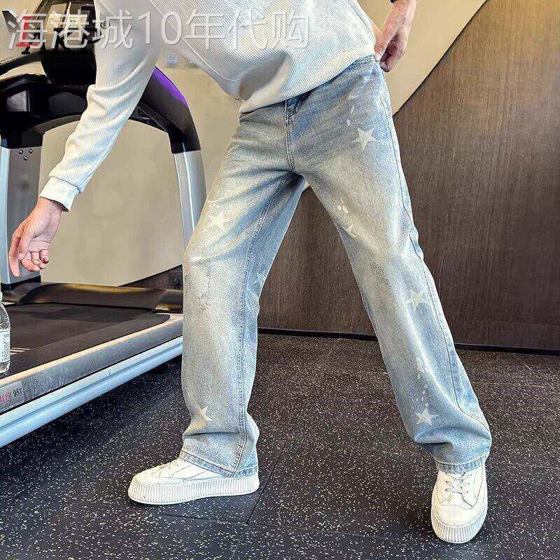 浅蓝色牛仔裤男士2026新款夏季潮流印花休闲男裤宽松直筒裤子男款