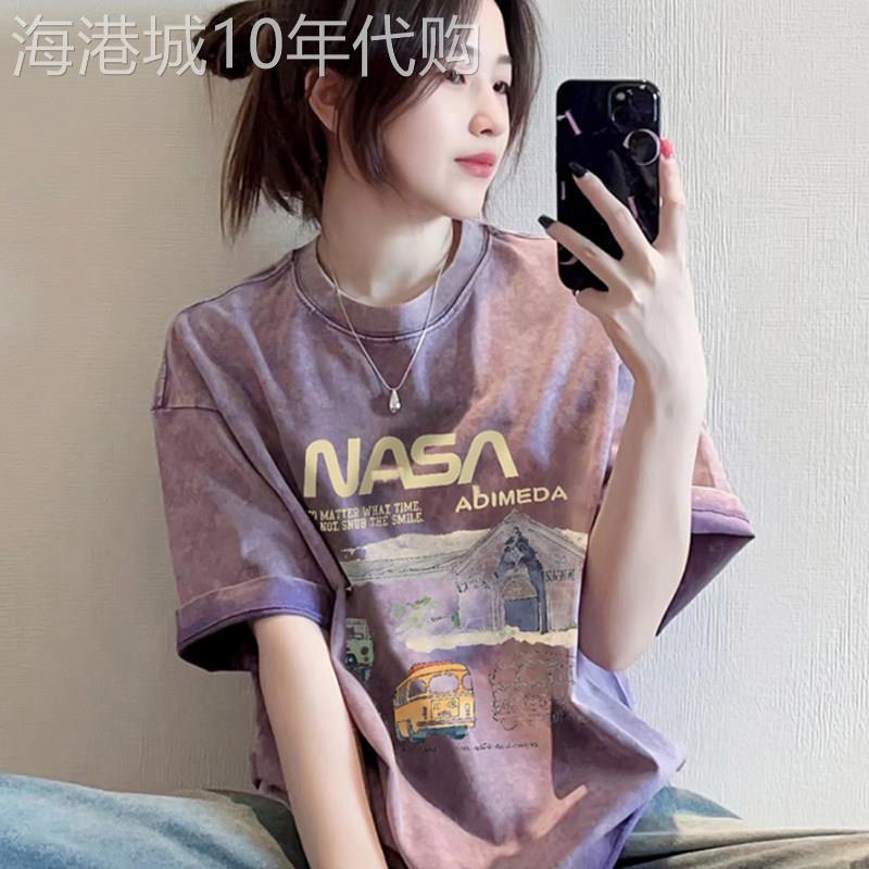 美式复古紫色水洗做旧正肩短袖t恤女夏季2025新款潮牌半袖上衣夏