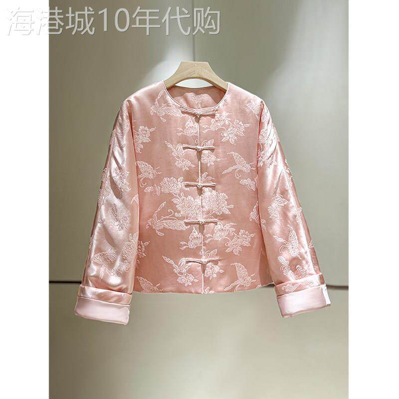 新中式真丝棉服女短款外套冬季2025圆领国风桑蚕丝粉色薄款小棉袄