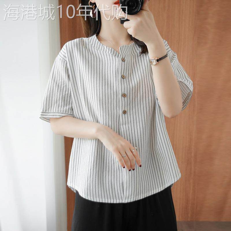 egmg2025夏季短袖T恤女装 显瘦条纹棉麻上衣 文艺通勤风设计