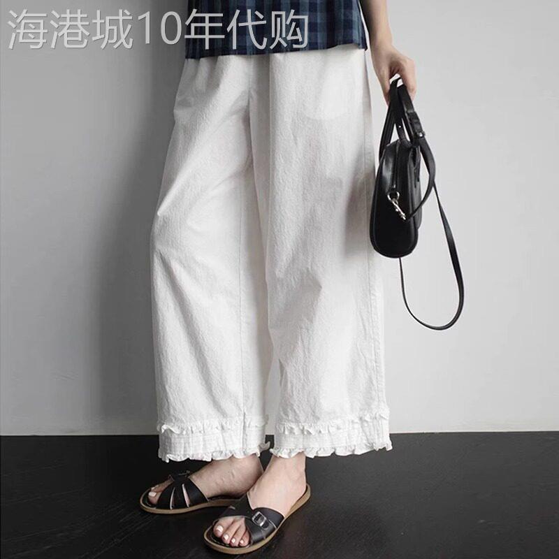 木耳边亚麻宽裤女夏季2026新款高腰直筒宽松显瘦九分白色休闲裤