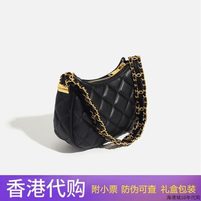 香港真皮女包2025新款小香风单肩斜挎小方包菱格链条包腋下包