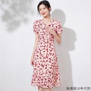 BEBE 气质碎花高腰A字裙 新款 NOBLE雪纺收腰轻熟风V领连衣裙女夏季