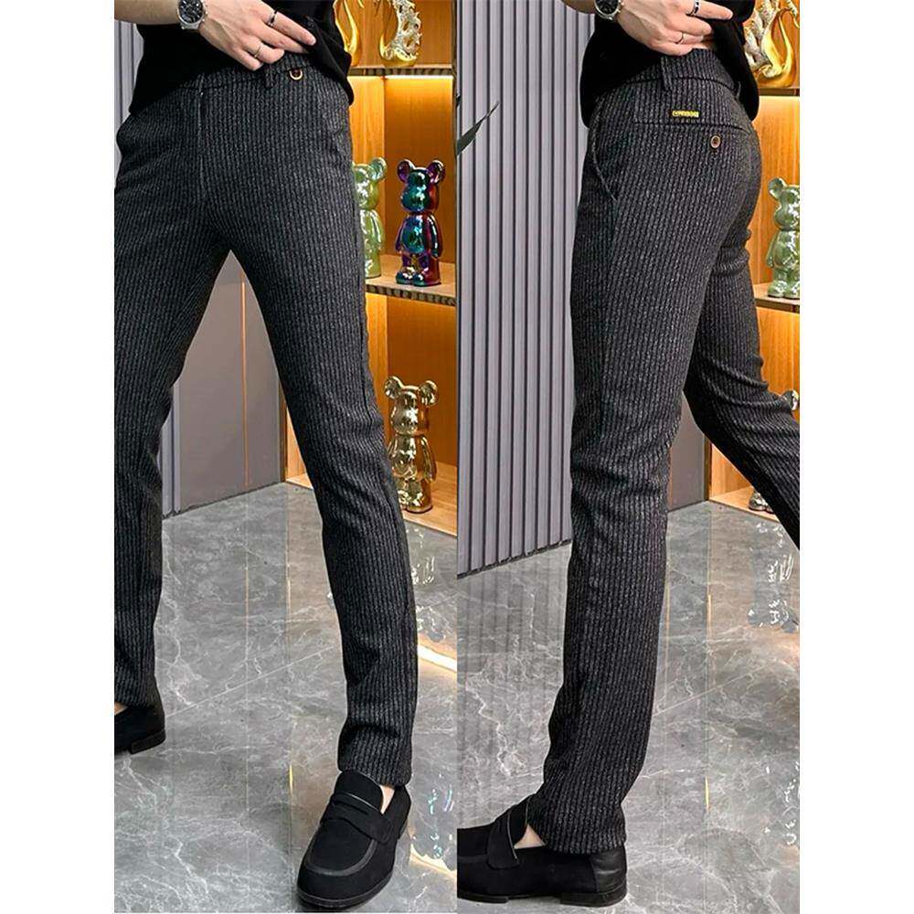 欧洲站条纹休闲裤男士秋季新款高端修身小脚西裤潮流时尚显瘦商务