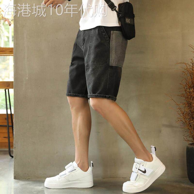 黑色牛仔短裤男潮夏季外穿撞色宽松工装五分裤子薄款美式休闲中裤