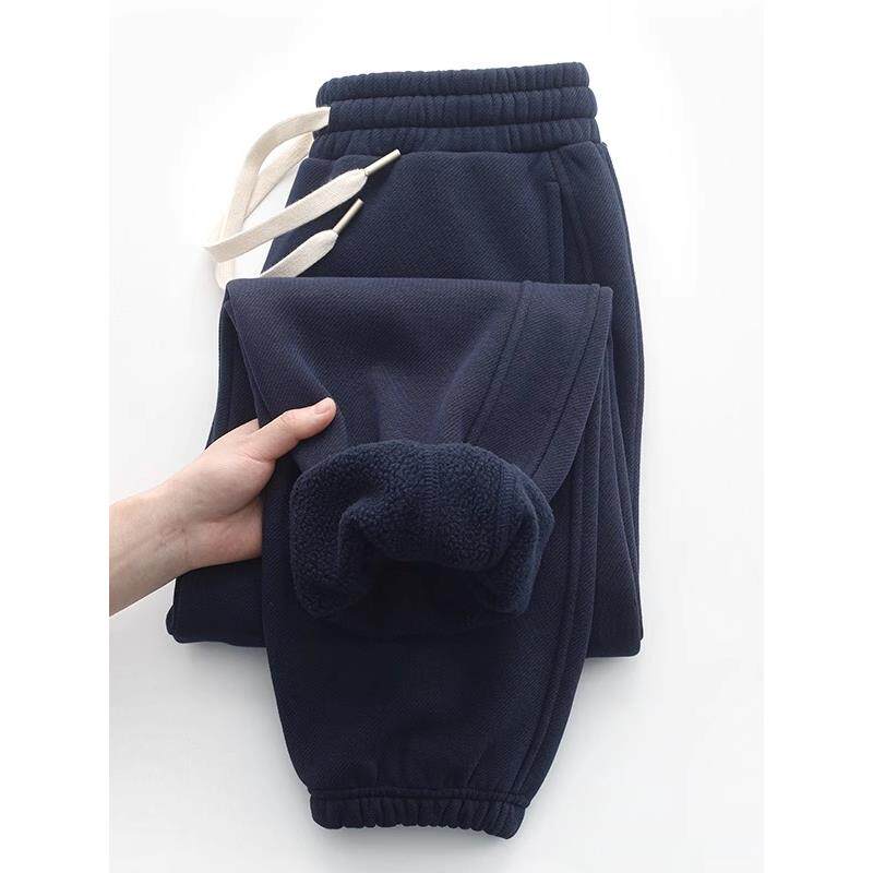 重磅藏青斜纹束脚卫裤男加绒保暖摇粒绒内里休闲裤高弹舒适运动裤