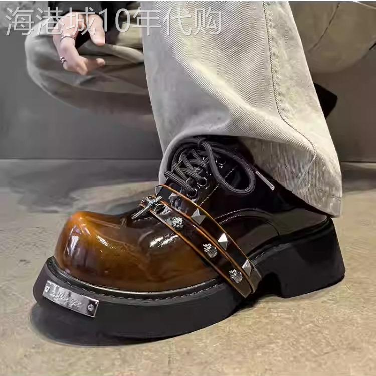 【意大利&奢品】厚底德比鞋男士增高鞋铆钉系带休闲皮鞋小众黑色